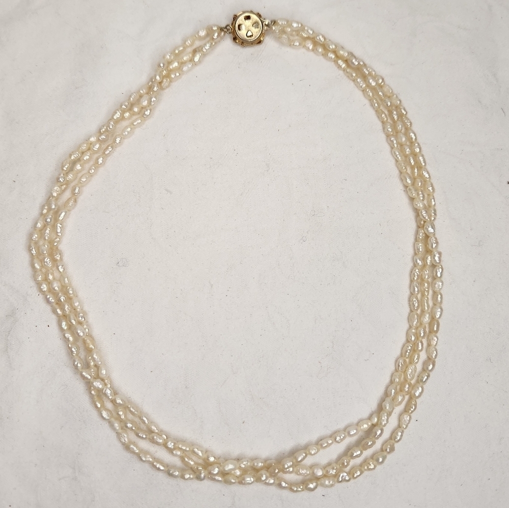 Triple Strand Rice Pearl Necklace - Picture 2 of 7